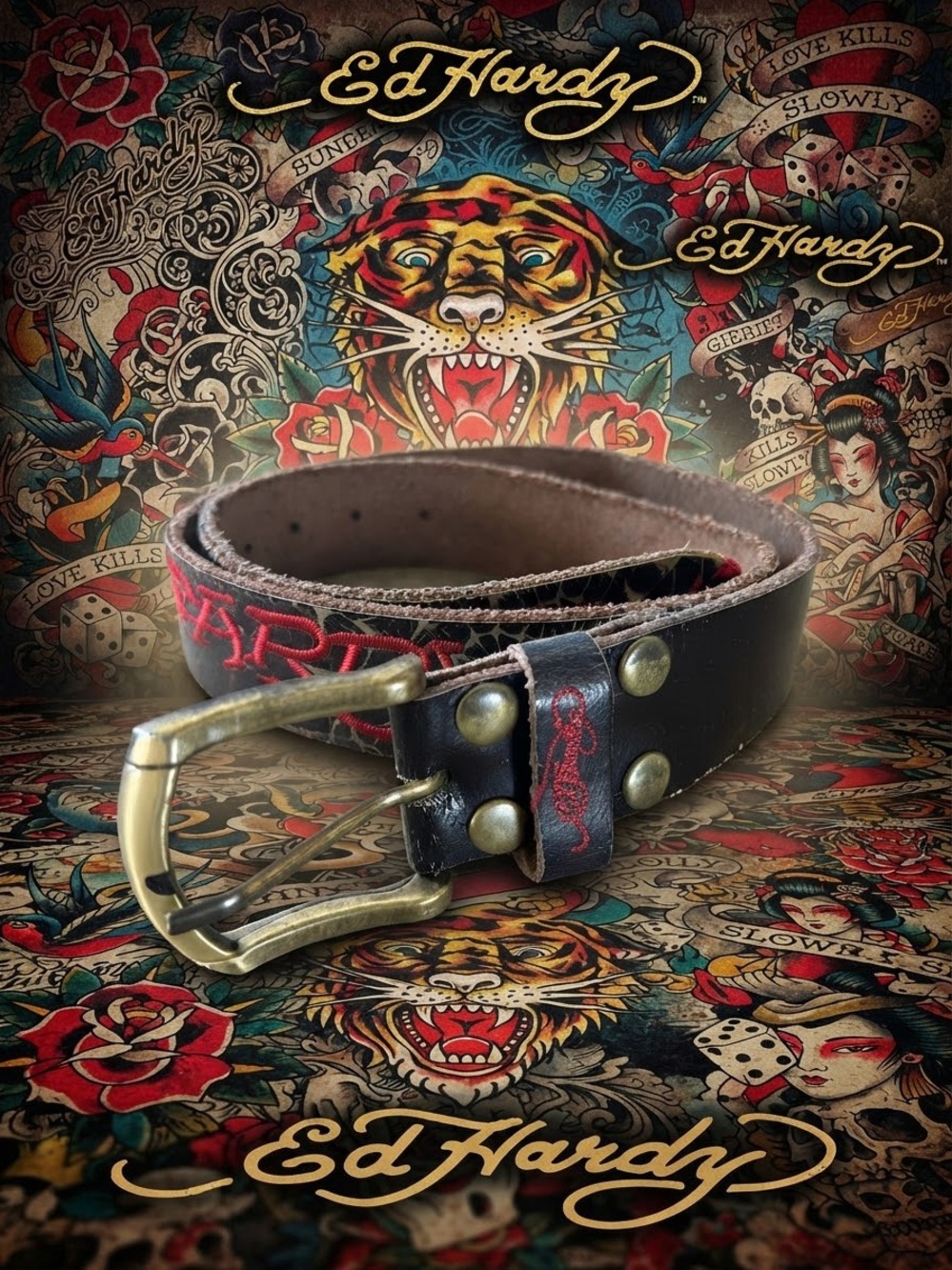 Vintage Ed Hardy Leather Tattoo Graphic Belt Skull Y2K Red Logo